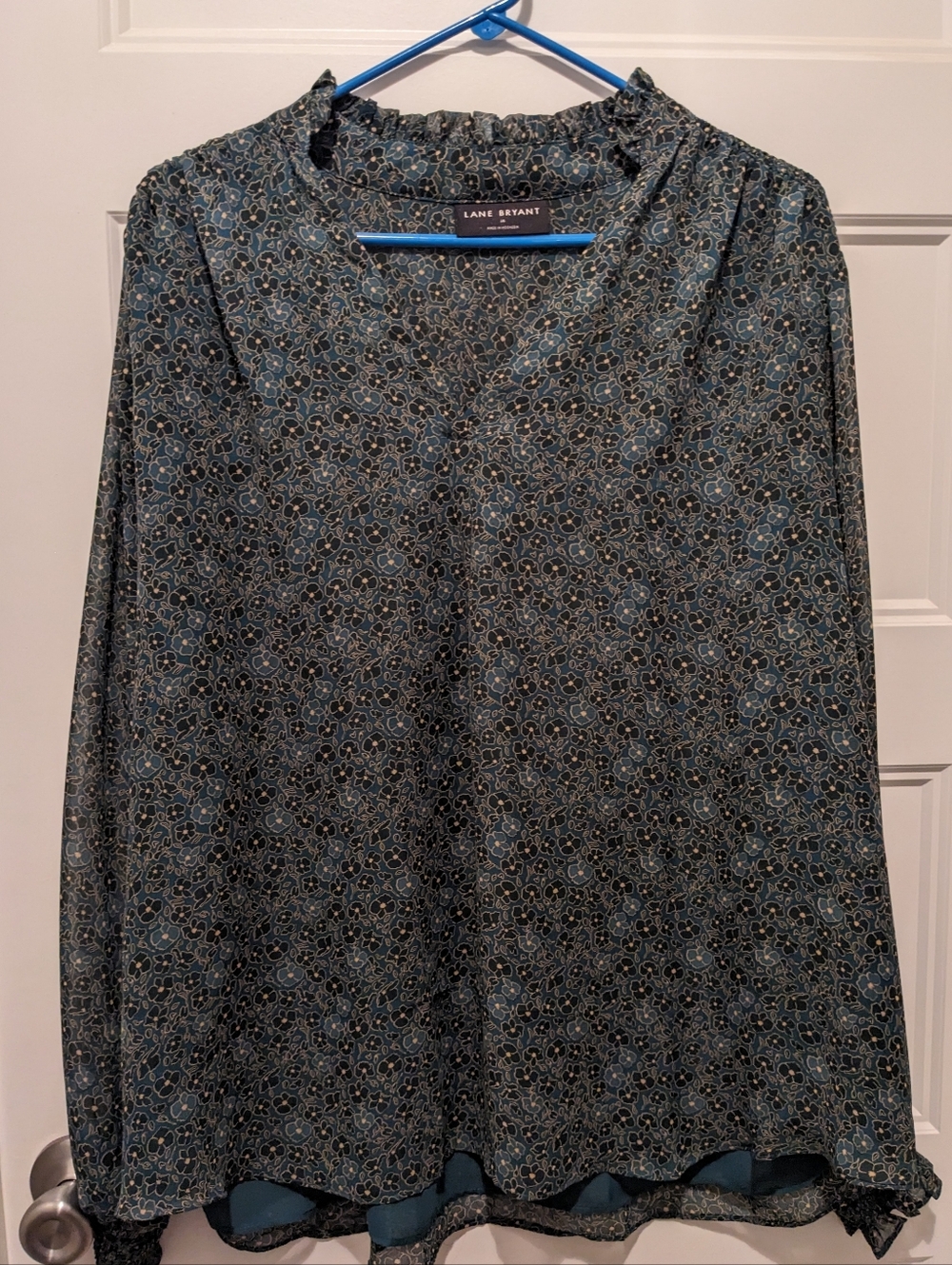 Lane Bryant Floral Smocked Cuff V-Neck Blouse Teal Size 16